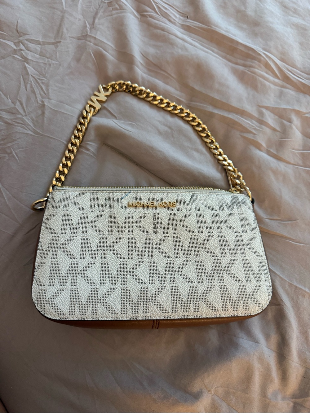 Michael Kors White/Beige MK Logo Chain Shoulder Bag